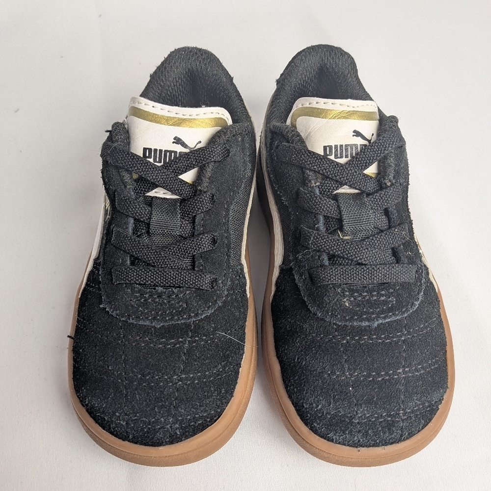 PUMA Unisex Baby Kid Shoes Flat Black Suede Size 7 Tan Soles - Picture 2 of 8